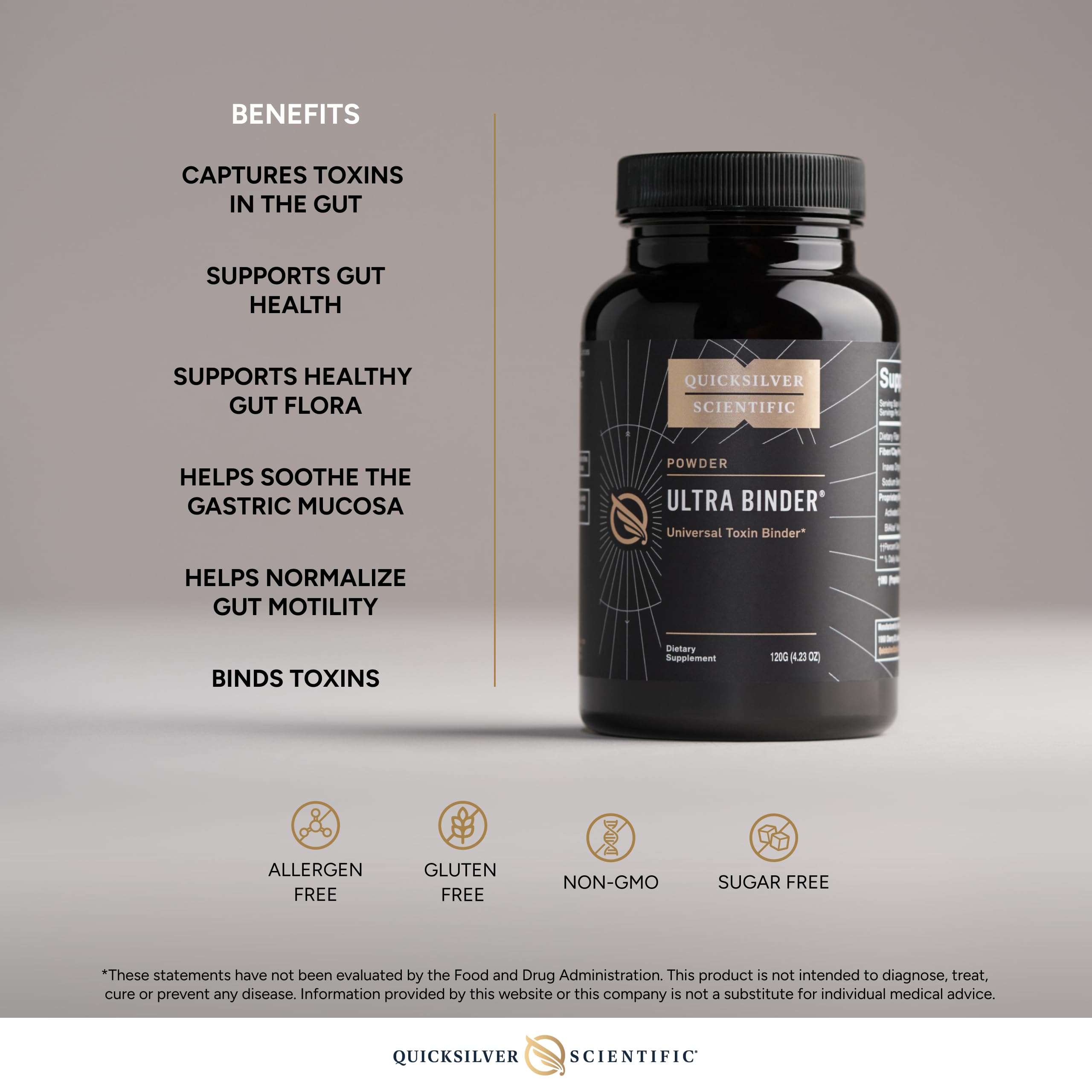 Etiqueta del producto Ultra Binder con ingredientes clave para desintoxicación suave.