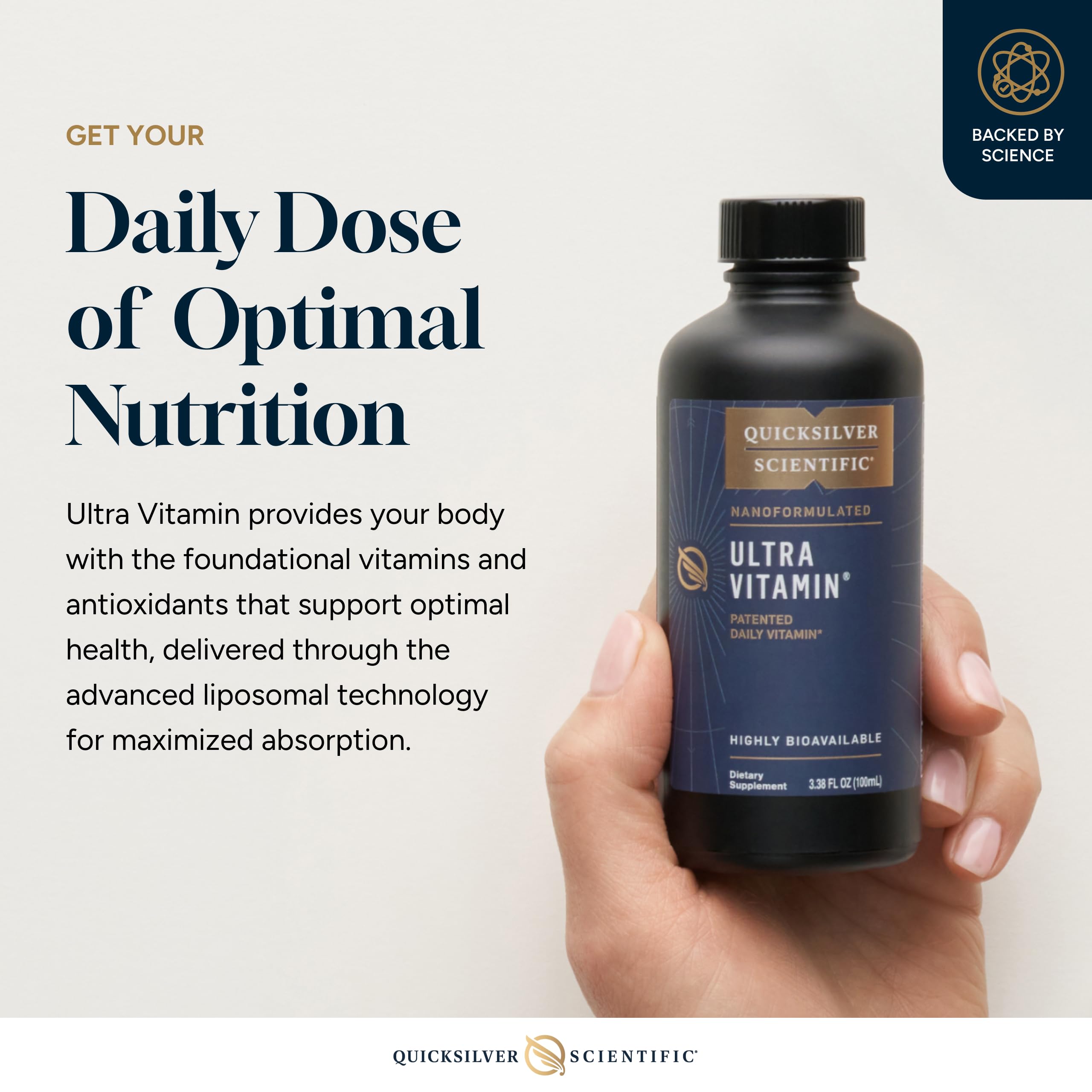 Quicksilver Scientific Ultra Vitamina primer plano de liposomas estables.