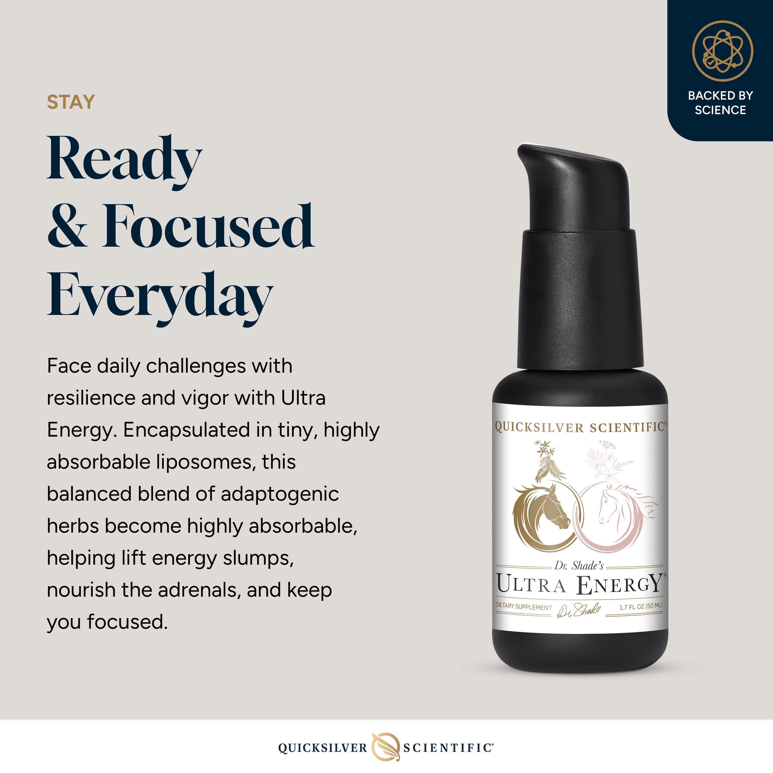 Quicksilver Ultra Energy: cápsulas liposomales, entrega acelerada de adaptógenos.