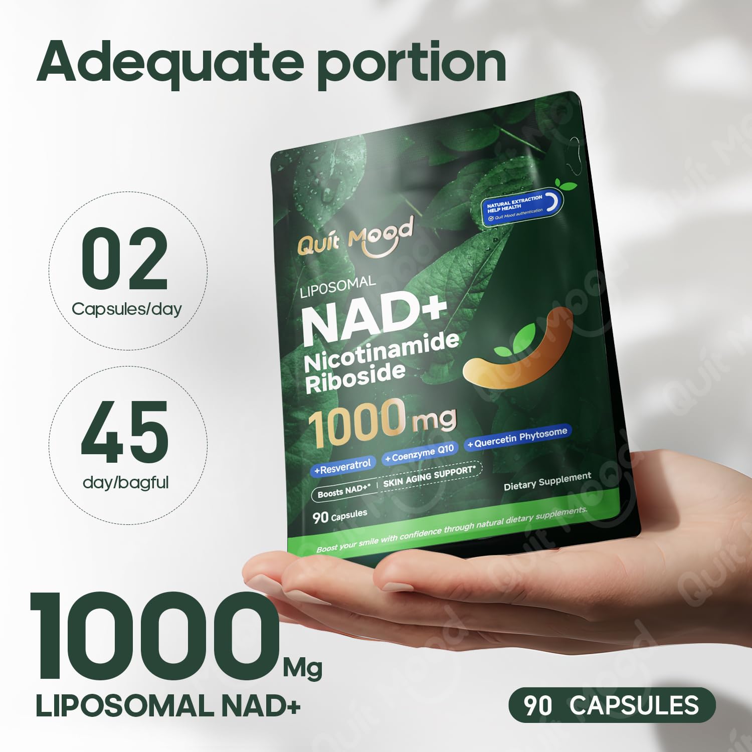 Botella Quit mood NAD+ con cápsulas para la rutina diaria.