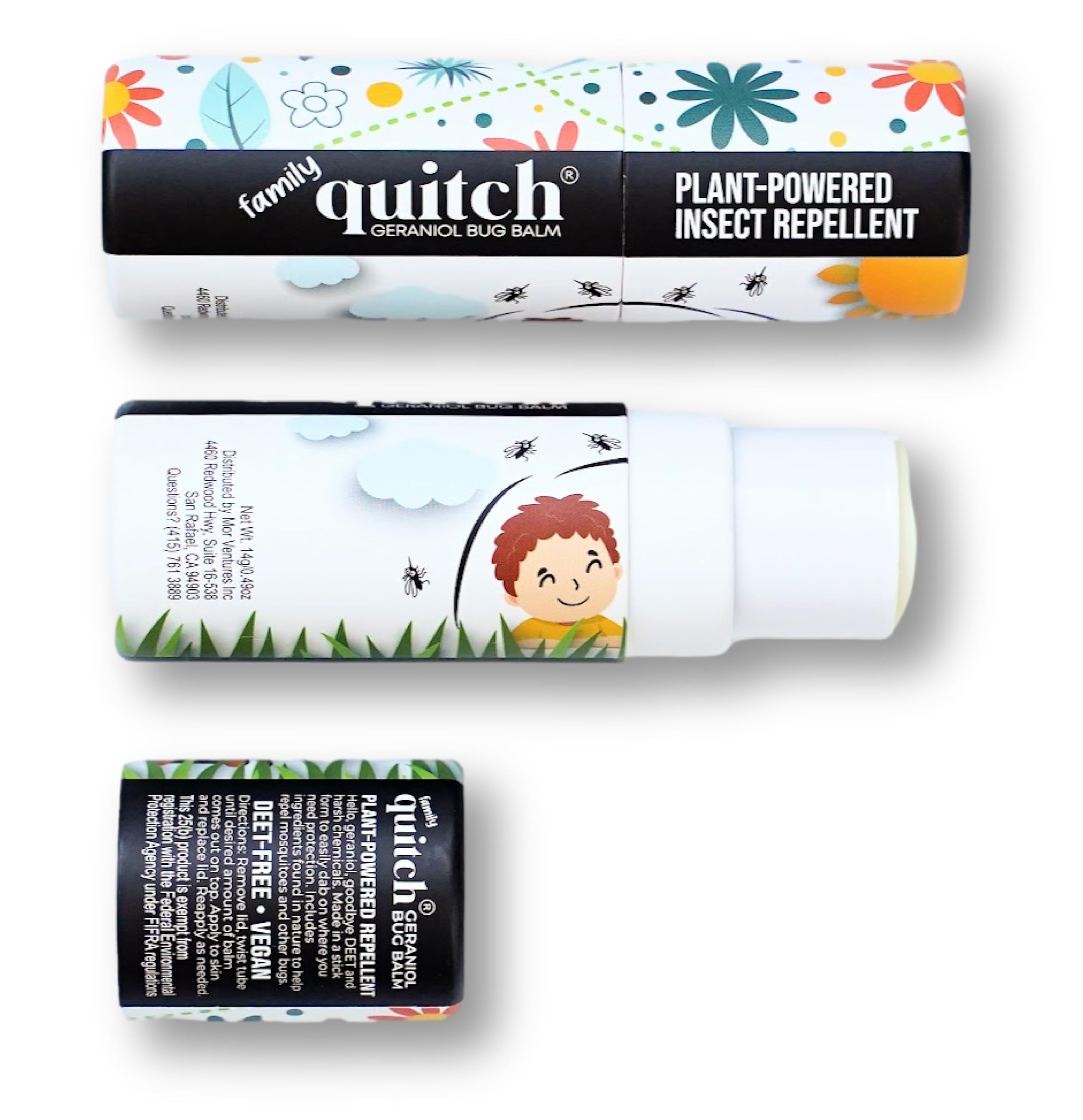 Quitch Geraniol Balm tamaño de viaje para repeler mosquitos de forma natural.