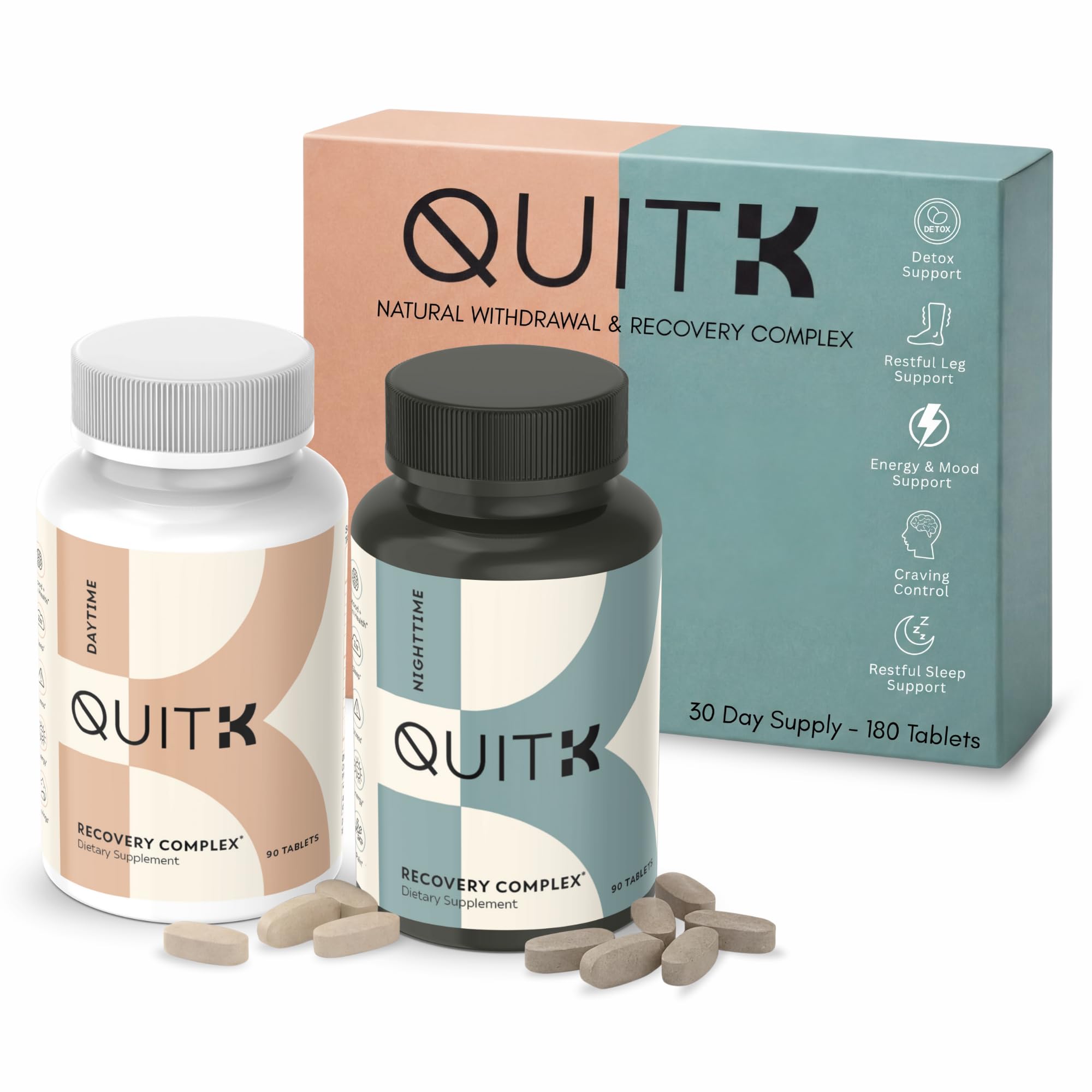 QuitK Recovery Complex – botella visible, apoyo diario de energía y enfoque