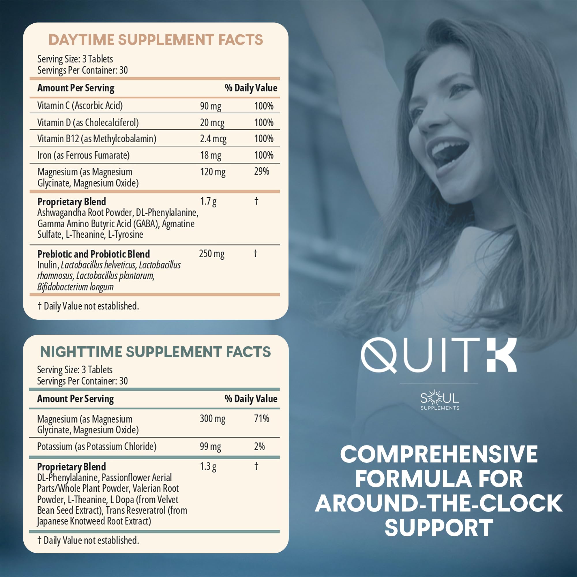 QuitK Recovery Complex – etiqueta con ingredientes y adaptógenos para soporte diario