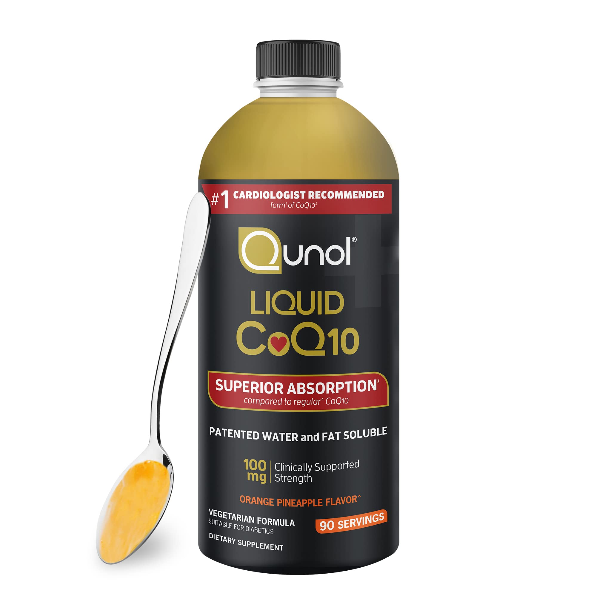 Qunol CoQ10 líquido botella 90 porciones, uso diario recomendado.