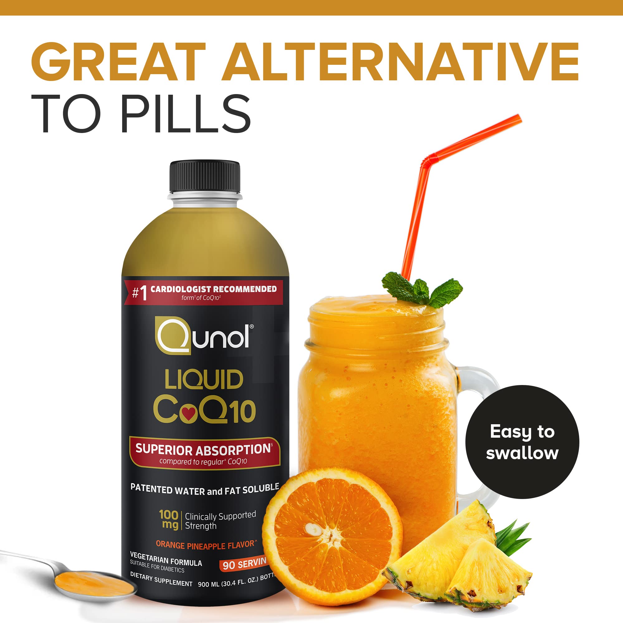 Medidor cucharadita en Qunol CoQ10 líquido, dosis conveniente cada toma.