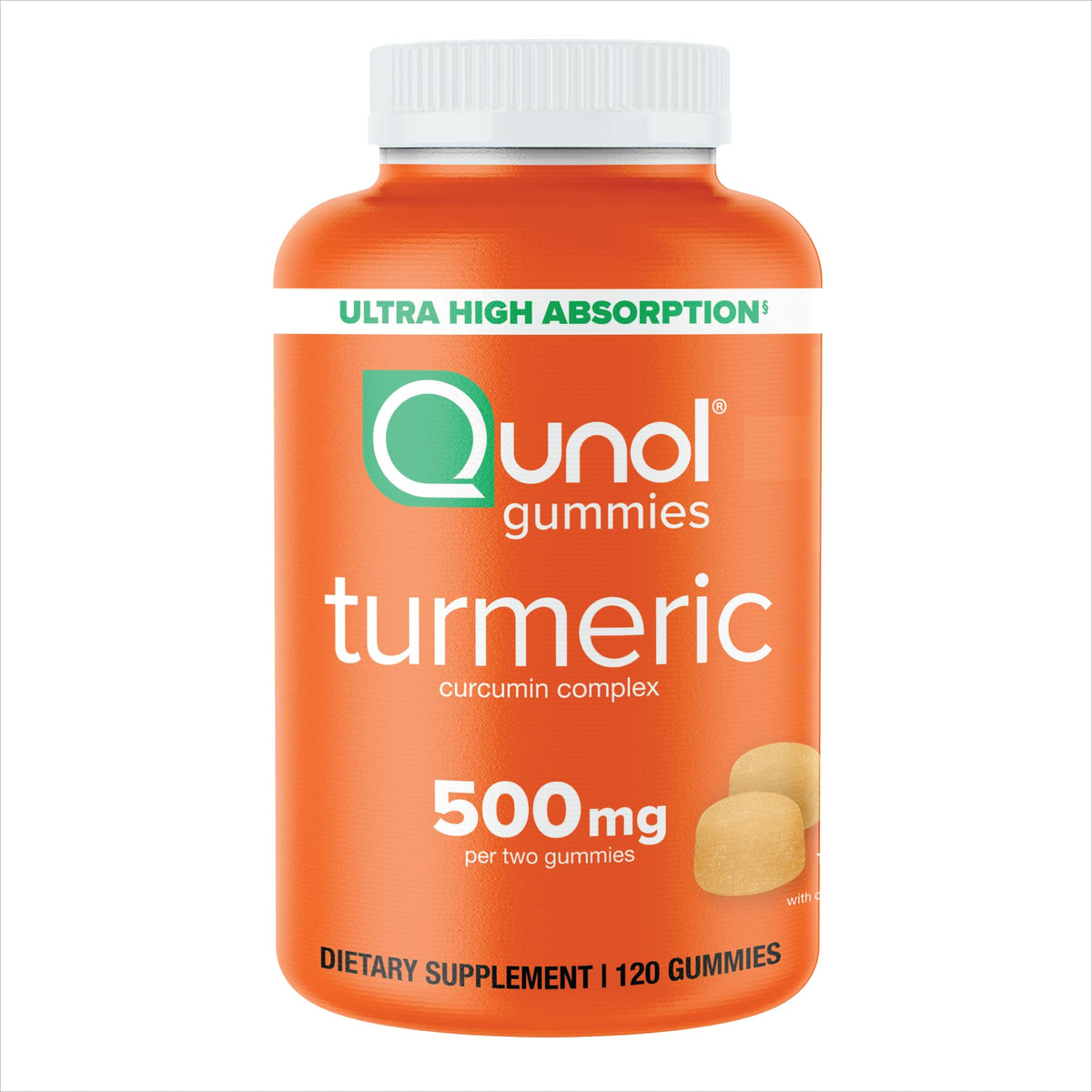Gominolas Qunol de cúrcuma, sabor naranja cremoso para consumo diario.