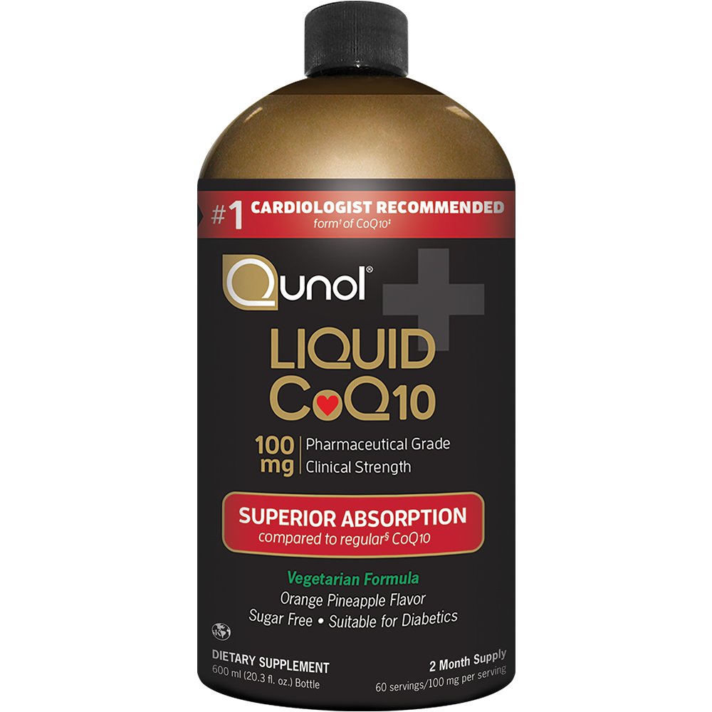 Qunol CoQ10 líquido, botella abierta, potencia energía diaria de forma natural.