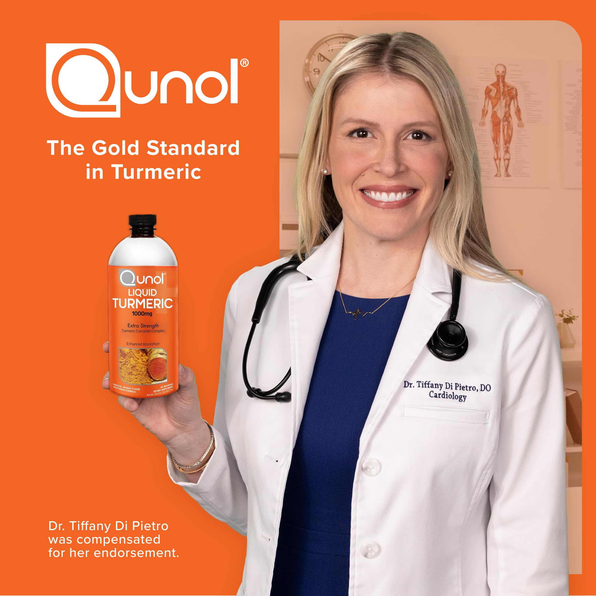 Qunol líquido curcuminoides botella destacando apoyo articular suave.