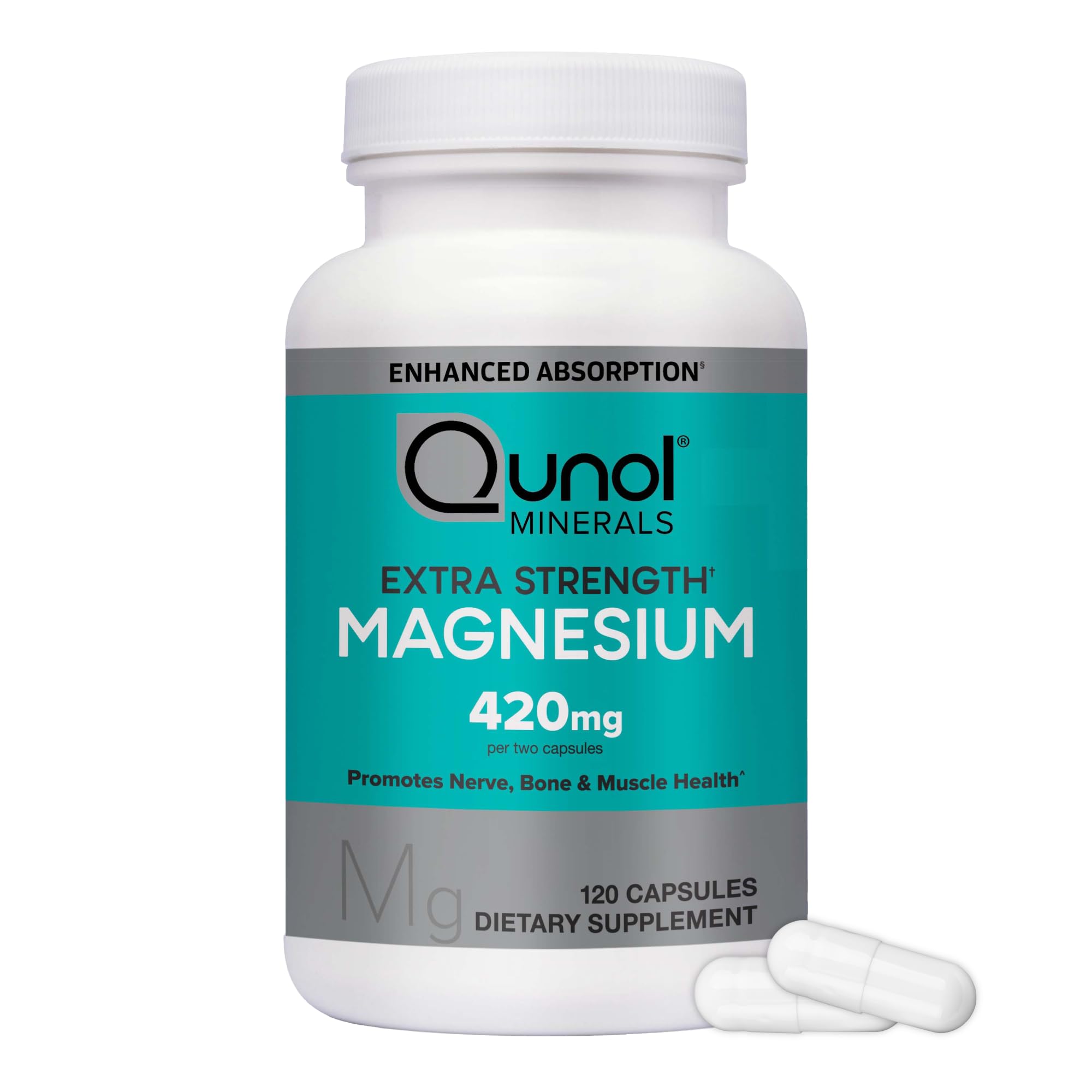 Qunol cápsulas de magnesio 420 mg en bote para apoyar la función nerviosa y muscular.
