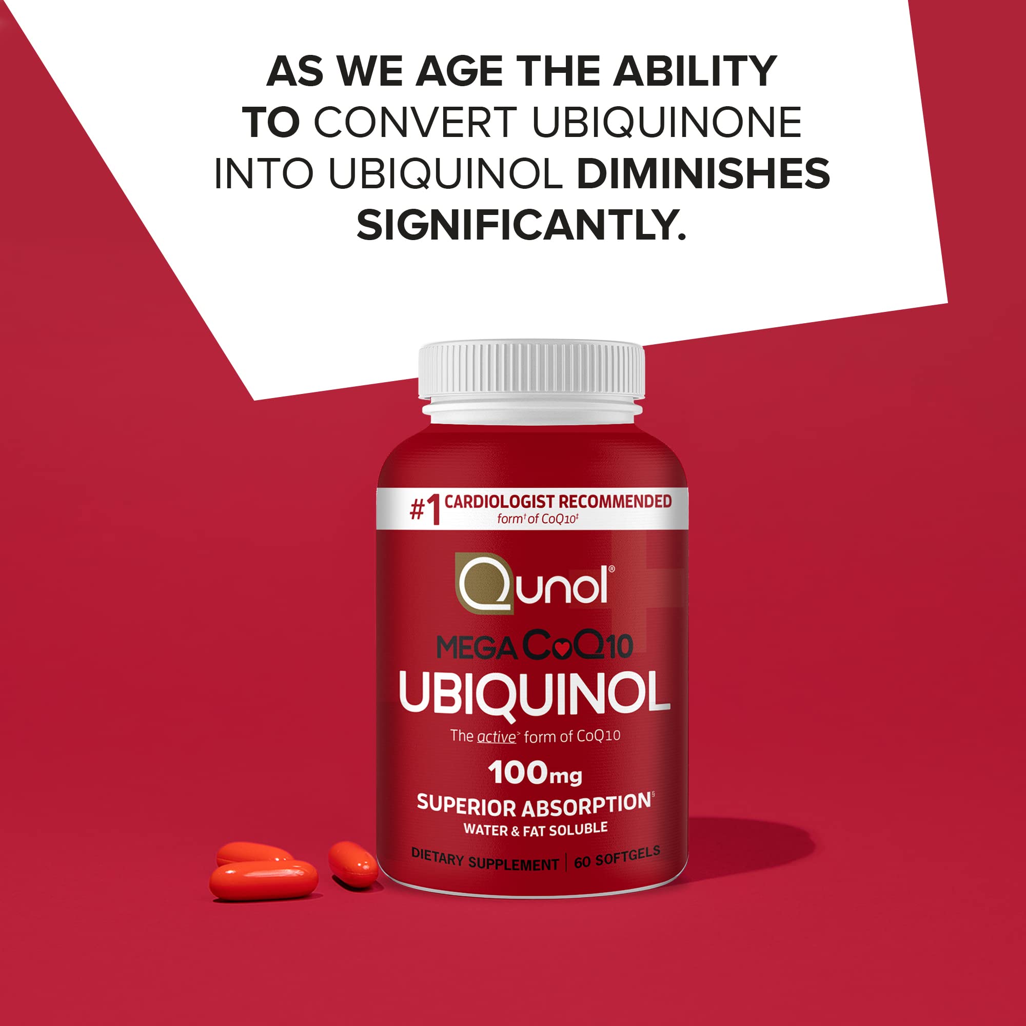 Qunol Mega Ubiquinol botella de 60 cápsulas para uso diario práctico.