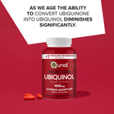 Qunol Mega Ubiquinol botella de 60 cápsulas para uso diario práctico.