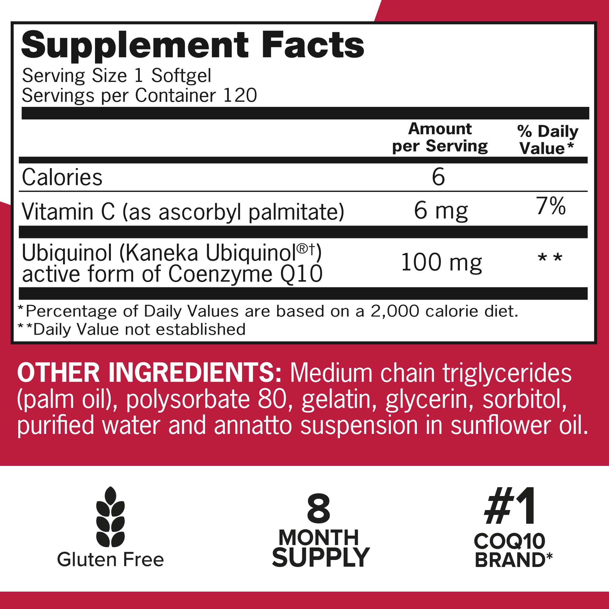 Qunol Mega ubiquinol CoQ10 label close-up highlighting gluten-free formulation.