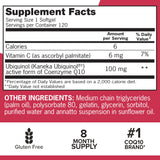 Qunol Mega ubiquinol CoQ10 label close-up highlighting gluten-free formulation.