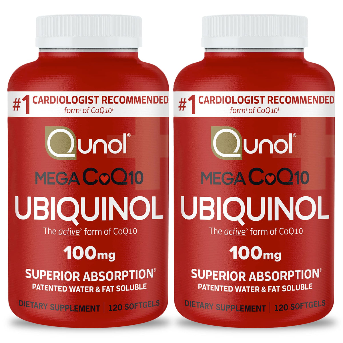 Qunol Mega ubiquinol CoQ10 softgels bottle front view for energy support.