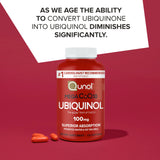 Qunol Mega ubiquinol CoQ10 softgels close-up showing easy-to-take capsules for daily use.