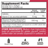 Qunol Mega Ubiquinol etiqueta informativa con beneficios y dosificación simples.