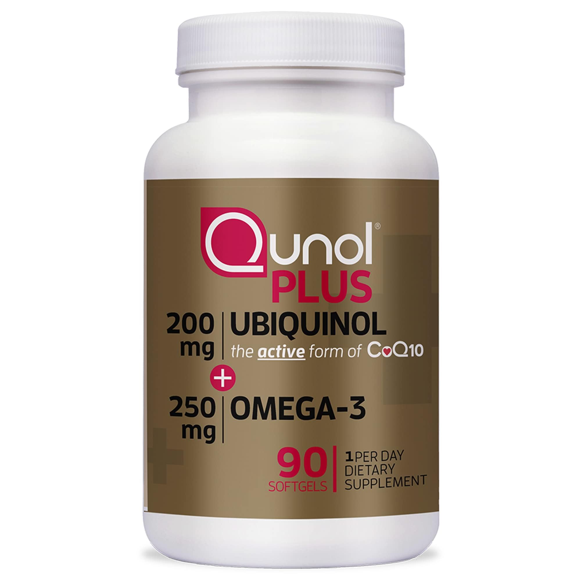 Qunol Plus ubiquinol 200 mg con omega-3 en botella para soporte energético diario