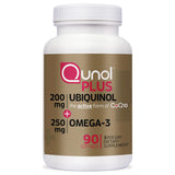 Qunol Plus ubiquinol 200 mg con omega-3 en botella para soporte energético diario