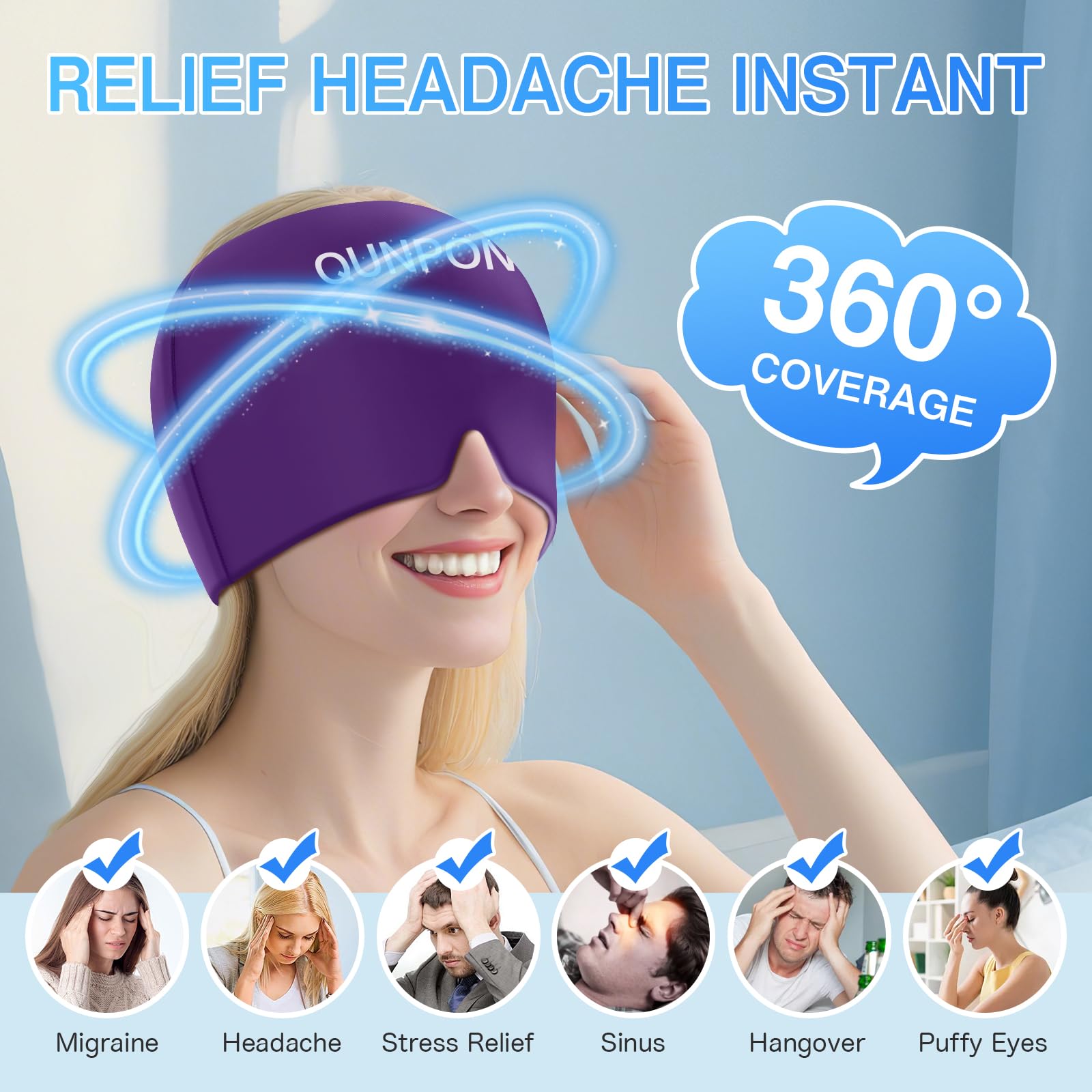 Gorra QUNPON con gel de enfriamiento para migraña y mayor comodidad.