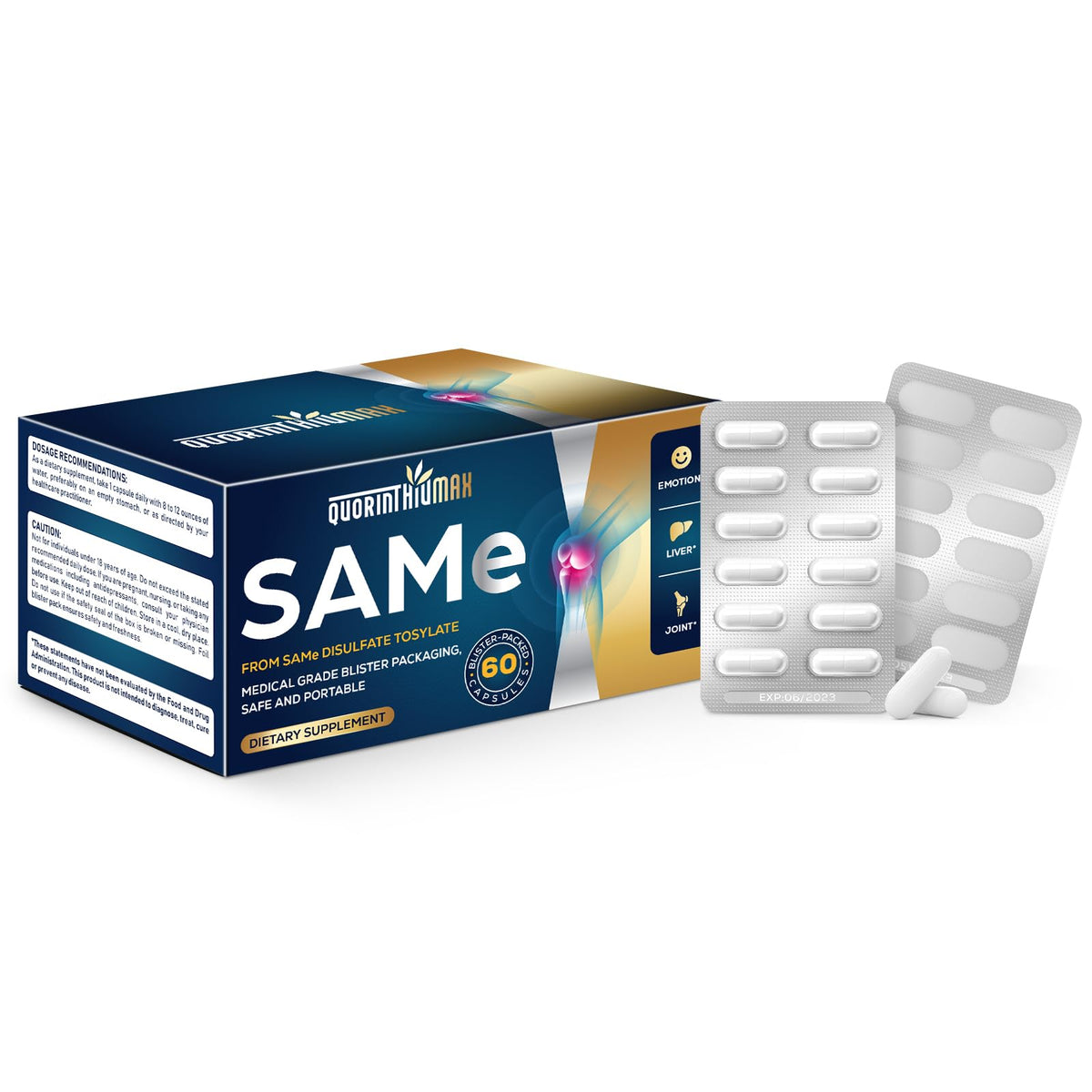 Quorinthiumax SAM-e 500mg en botella, soporte diario para estado de ánimo.