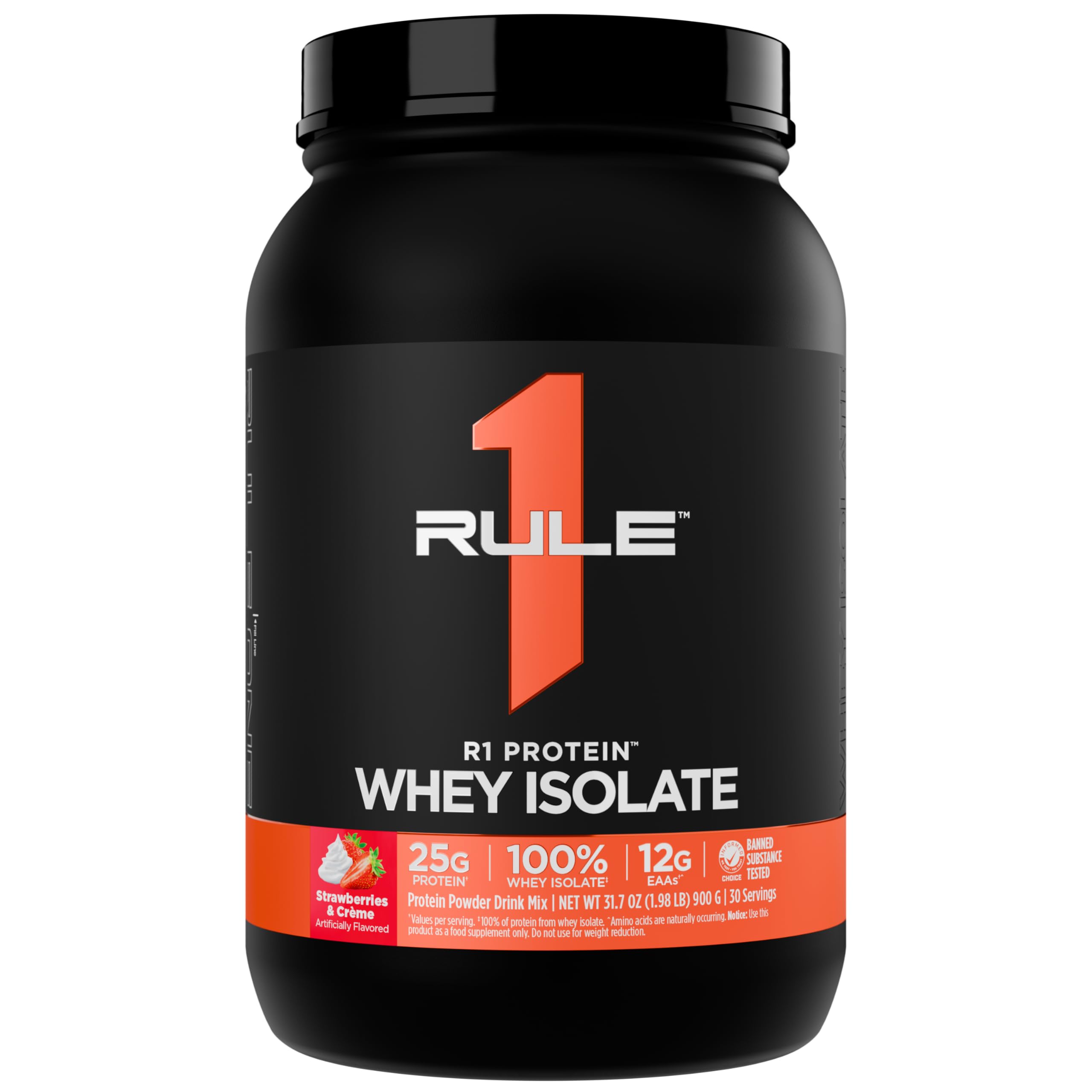 R1 Protein Whey Isolate, empaque frontal para recuperación tras entrenamiento