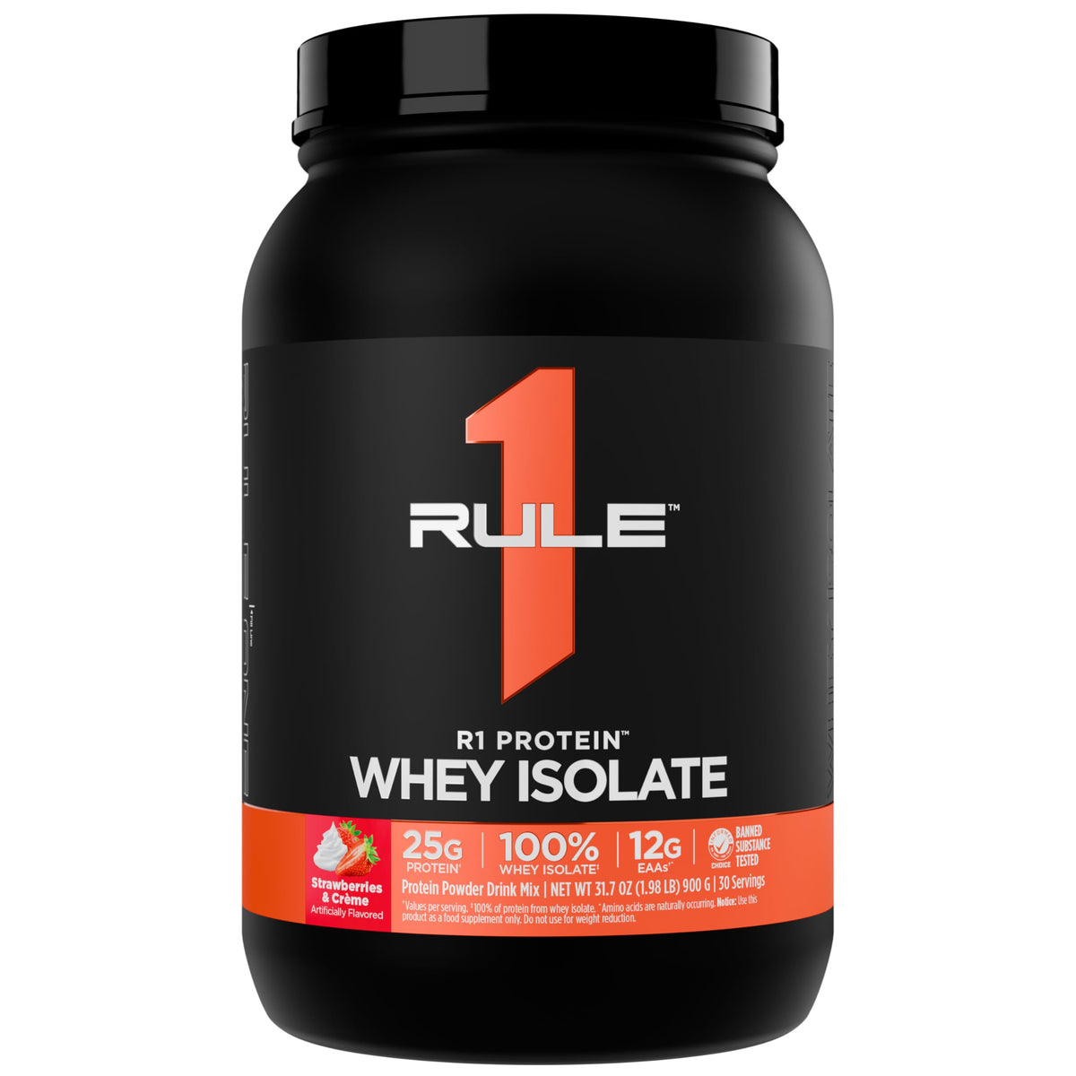 R1 Protein Whey Isolate, empaque frontal para recuperación tras entrenamiento