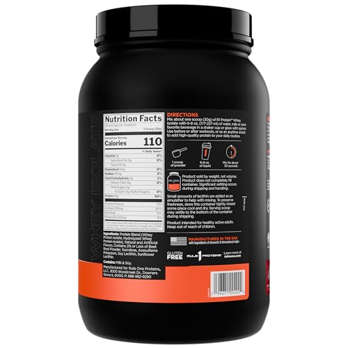 R1 Protein Whey Isolate vertido en vaso para mezcla rápida