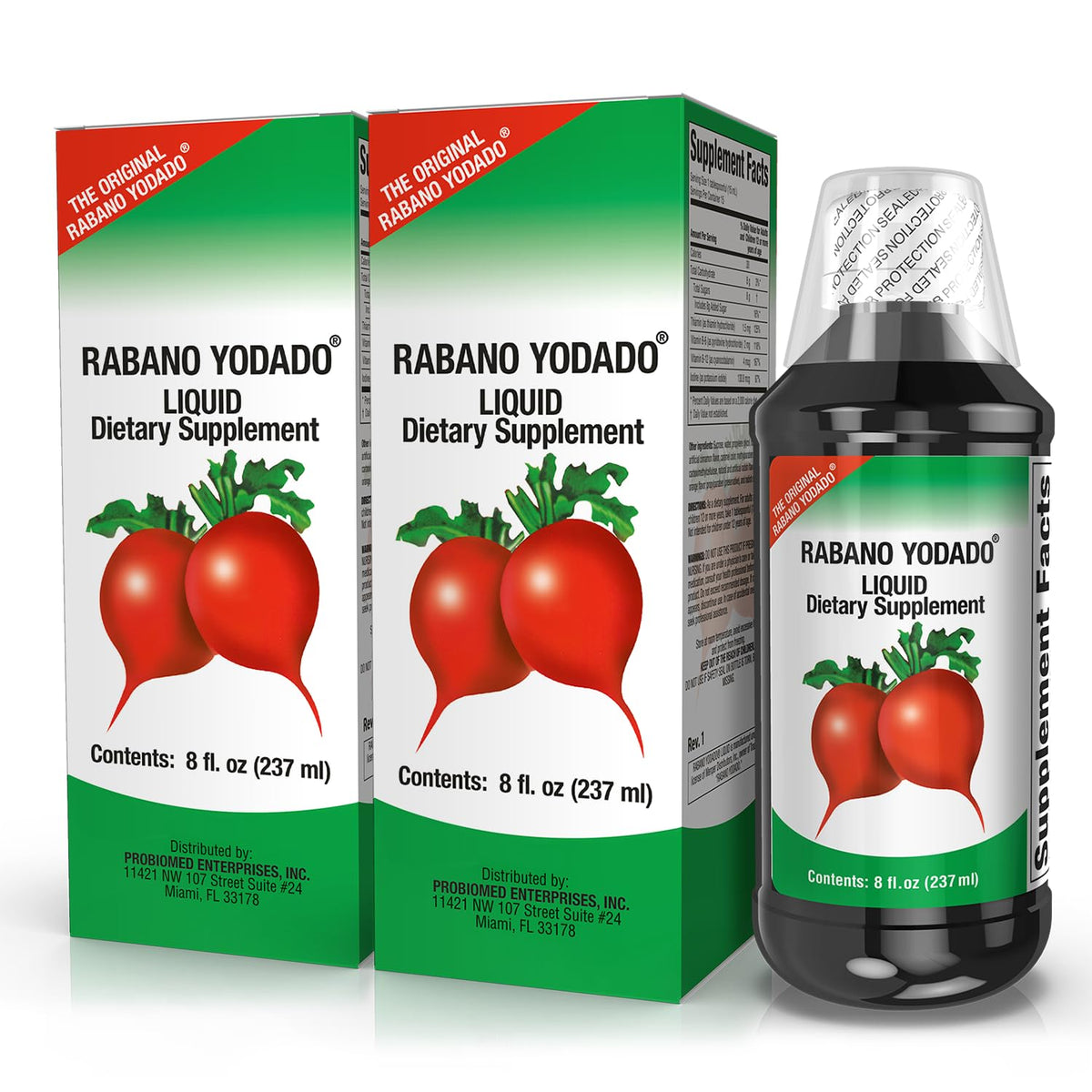 Rabano Yodado jarabe 8oz en botella, ideal para bebidas y postres.