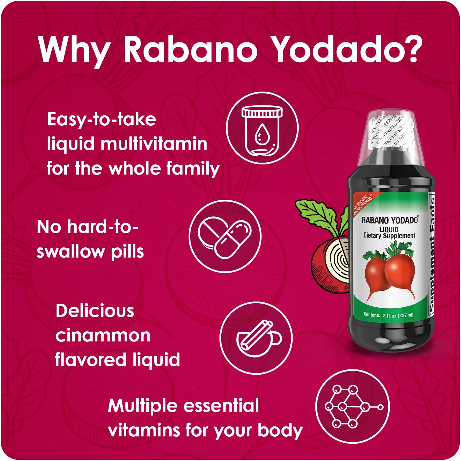 Rabano Yodado: consumo diario fácil de incorporar en bebidas.