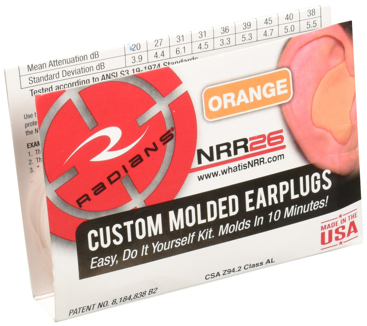 Tapones auditivos moldeados de Radians en naranja con ajuste personalizado para comodidad y protección.