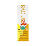 Pasta dental Radius para niños con coco y plátano, envase práctico para viaje.