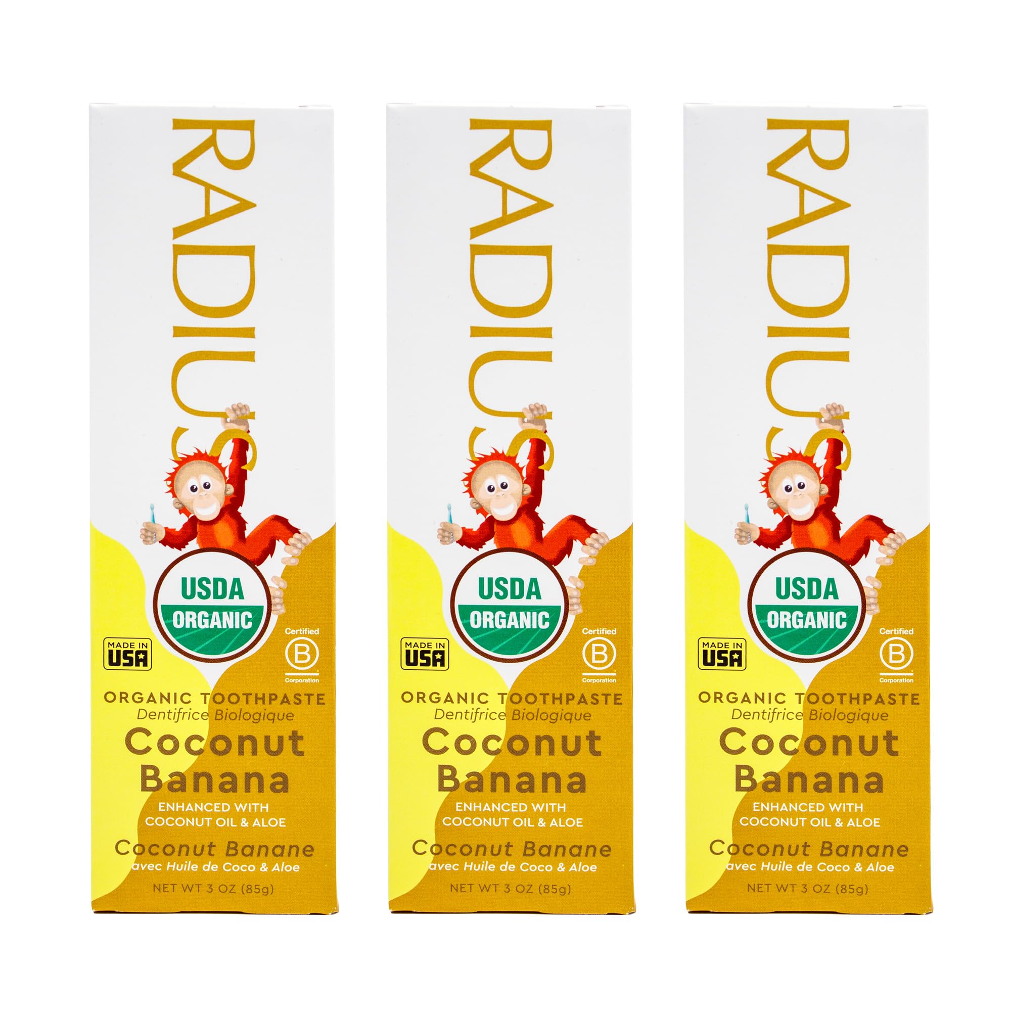 Radius pasta dental infantil coco-plátano en empaque de 3 onzas para niños.