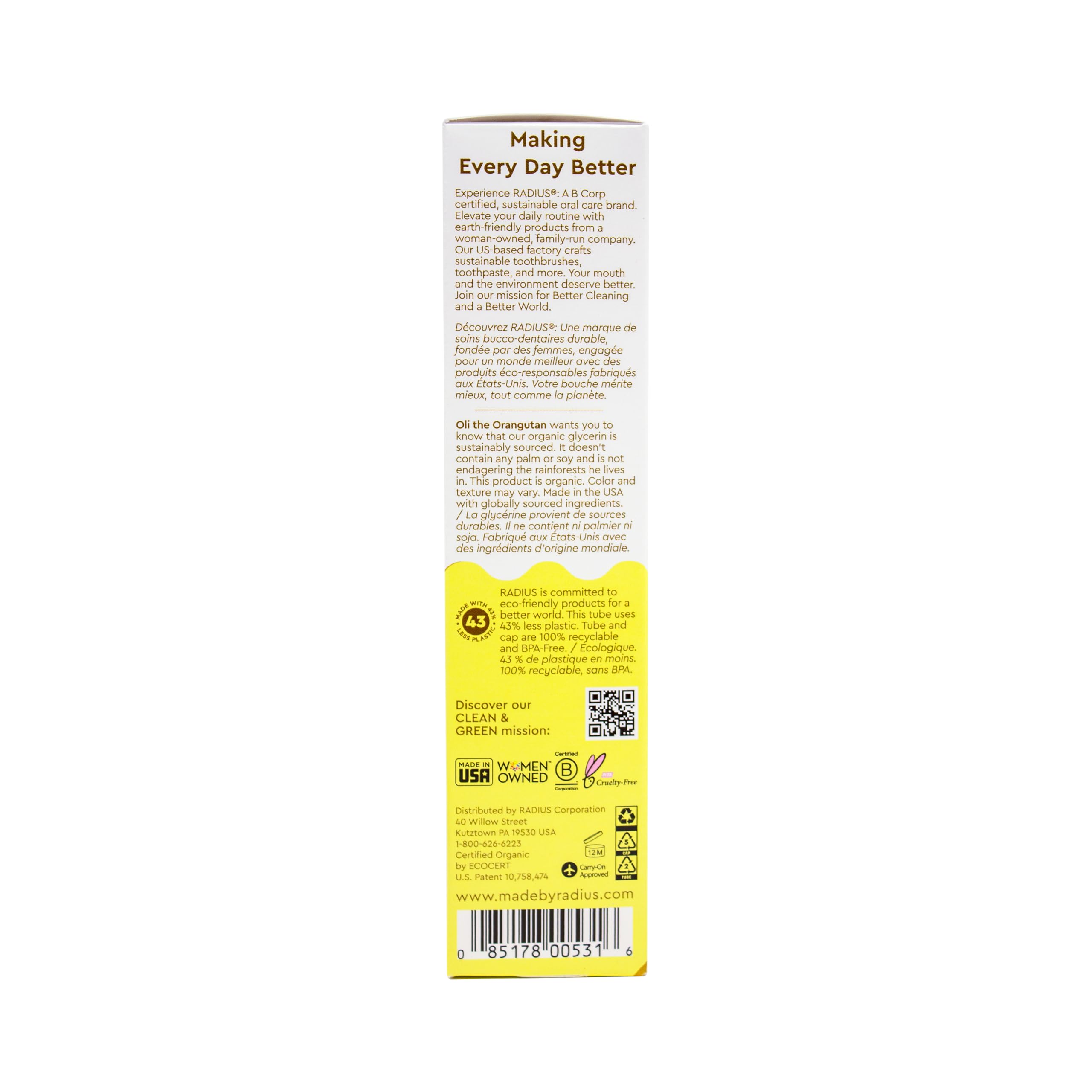 Pasta Radius sin gluten y sin fluoruro, apta para familias sensibles.