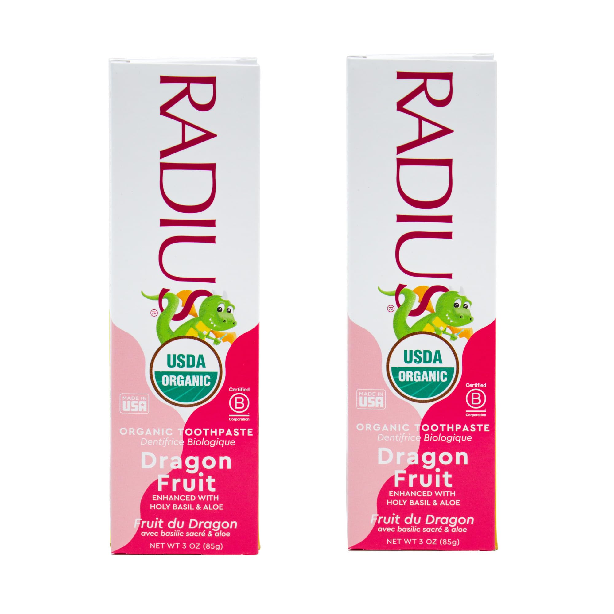 Radius pasta dientes infantiles con sabor fruta dragón para cepillado agradable.