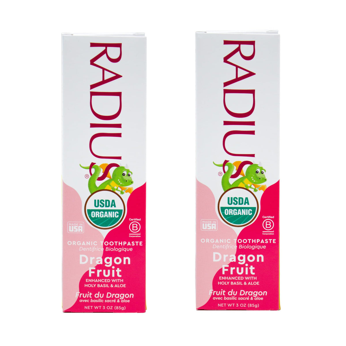 Radius pasta dientes infantiles con sabor fruta dragón para cepillado agradable.