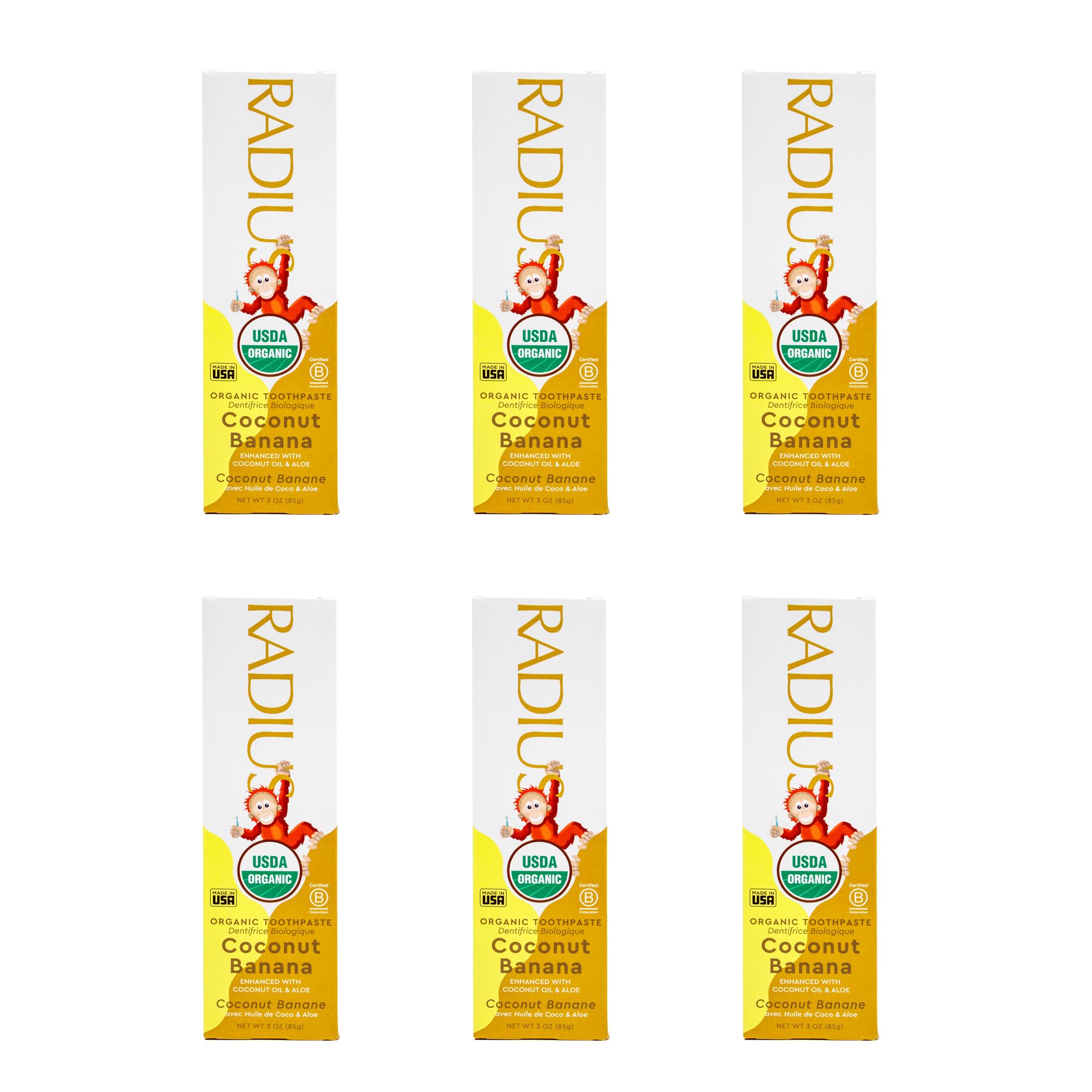 RADIUS pasta de dientes orgánica para niños, tubo visible, sabor coco-plátano, cepillado seguro.