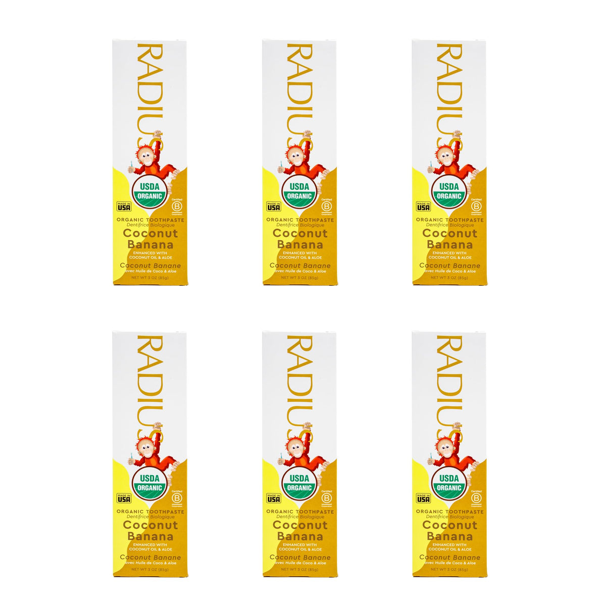 RADIUS pasta de dientes orgánica para niños, tubo visible, sabor coco-plátano, cepillado seguro.
