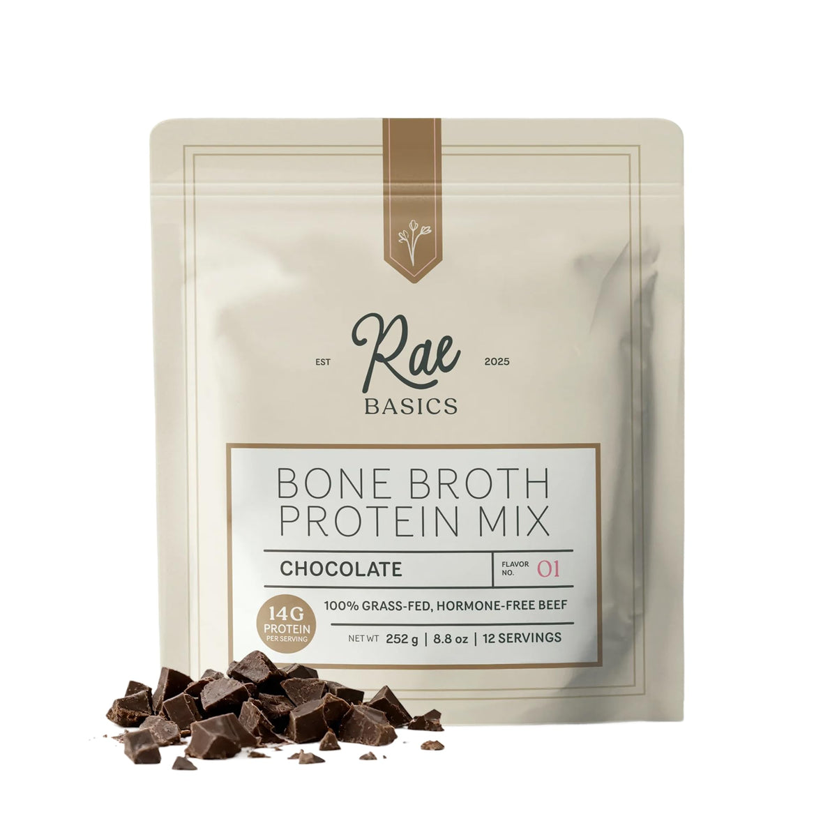 Rae Basics Caldo de huesos polvo proteina chocolate cremoso para bebida reconfortante.