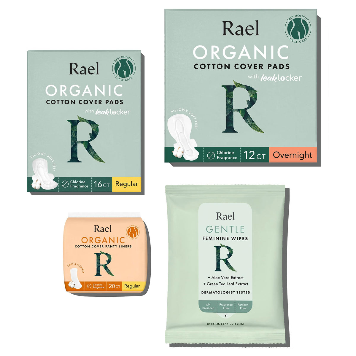 Rael compresas con cobertura de algodón orgánico para uso diario y confort.