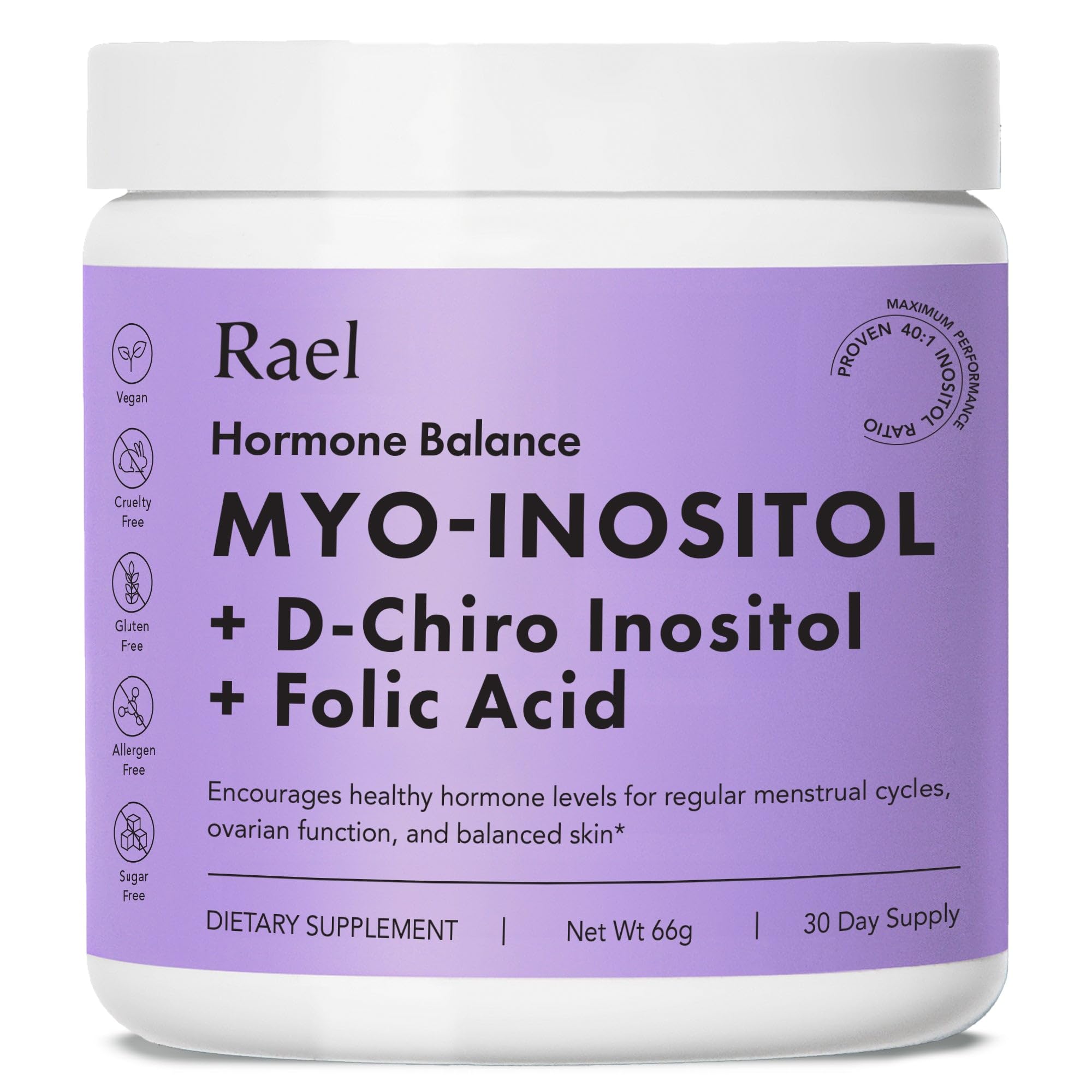 Rael Equilibrio Hormonal para Mujeres, polvo de inositol en botella, apoyo diario