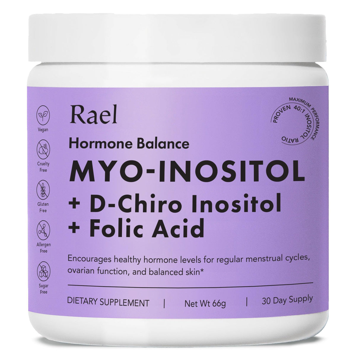 Rael Equilibrio Hormonal para Mujeres, polvo de inositol en botella, apoyo diario