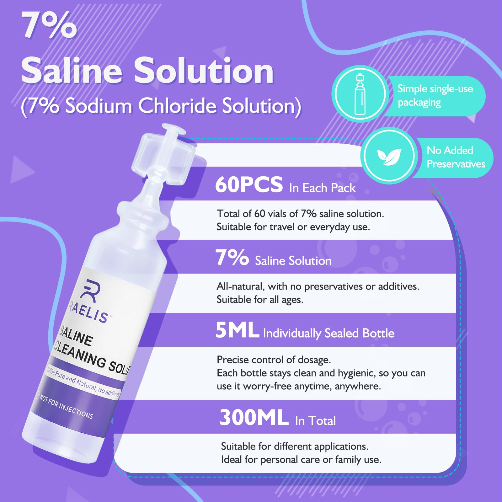 RAELIS solución salina 7% – paquete de 60 unidades de 5 ml para llevar.