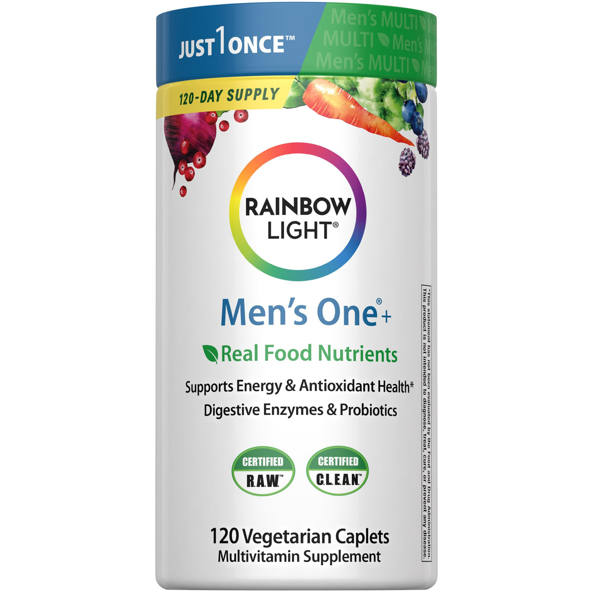 Rainbow Light multivitamínico para hombres, frente de la botella de 120 cápsulas.