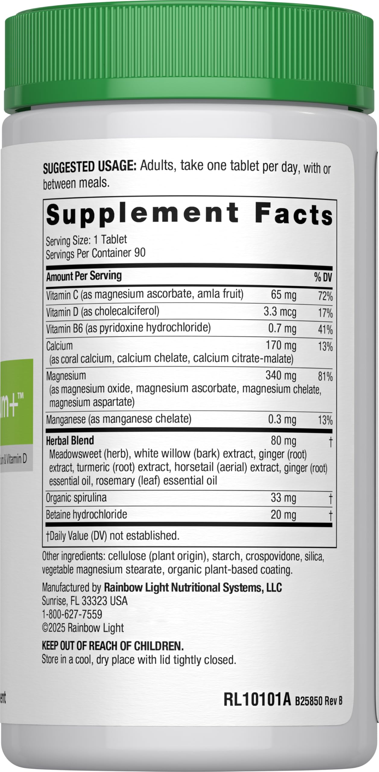 Rainbow Light Magnesium Calcium Plus mezcla spirulina y vitamina D para absorción.