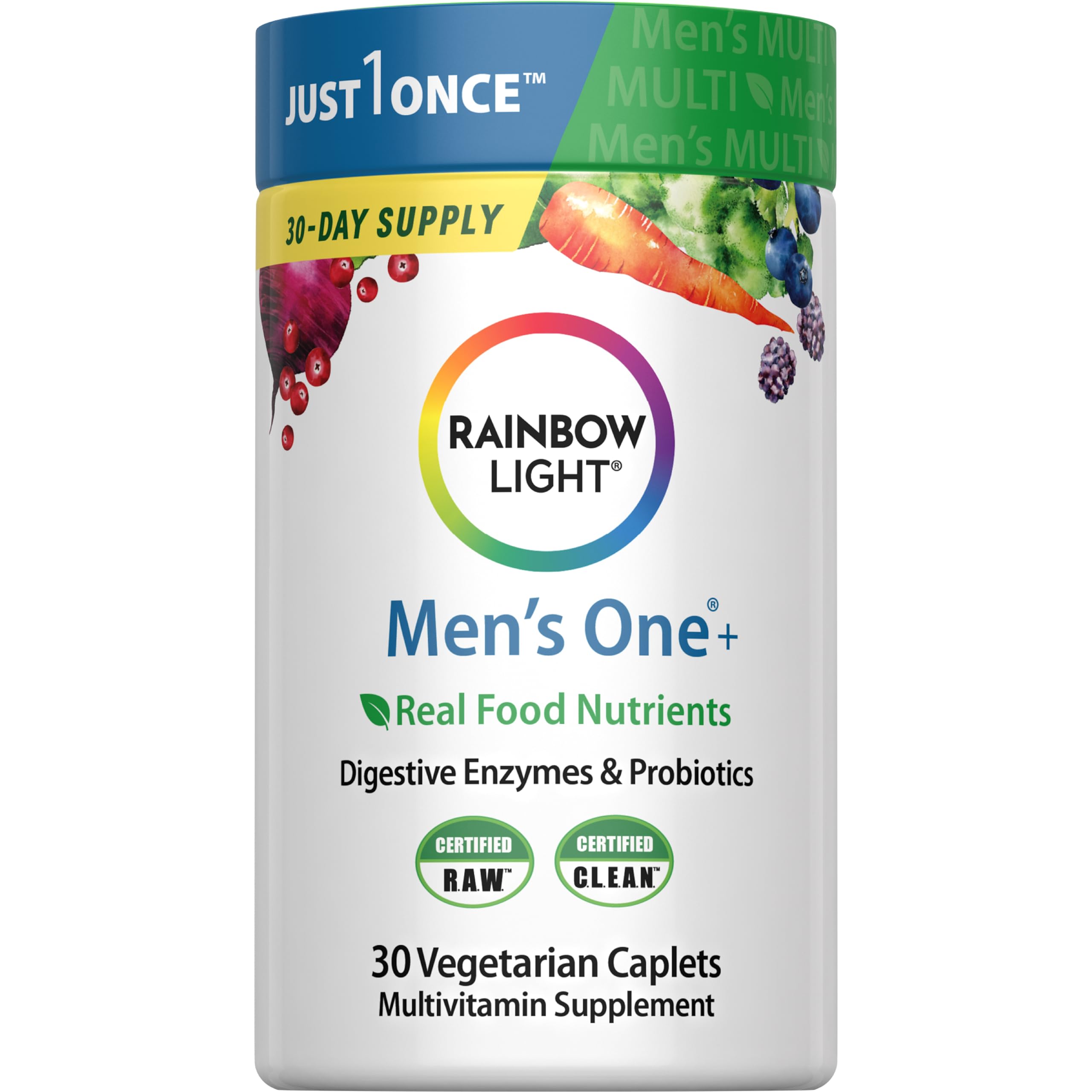 Rainbow Light Mens Multivitamin One+, botella visible, apoyo a la vitalidad diaria.
