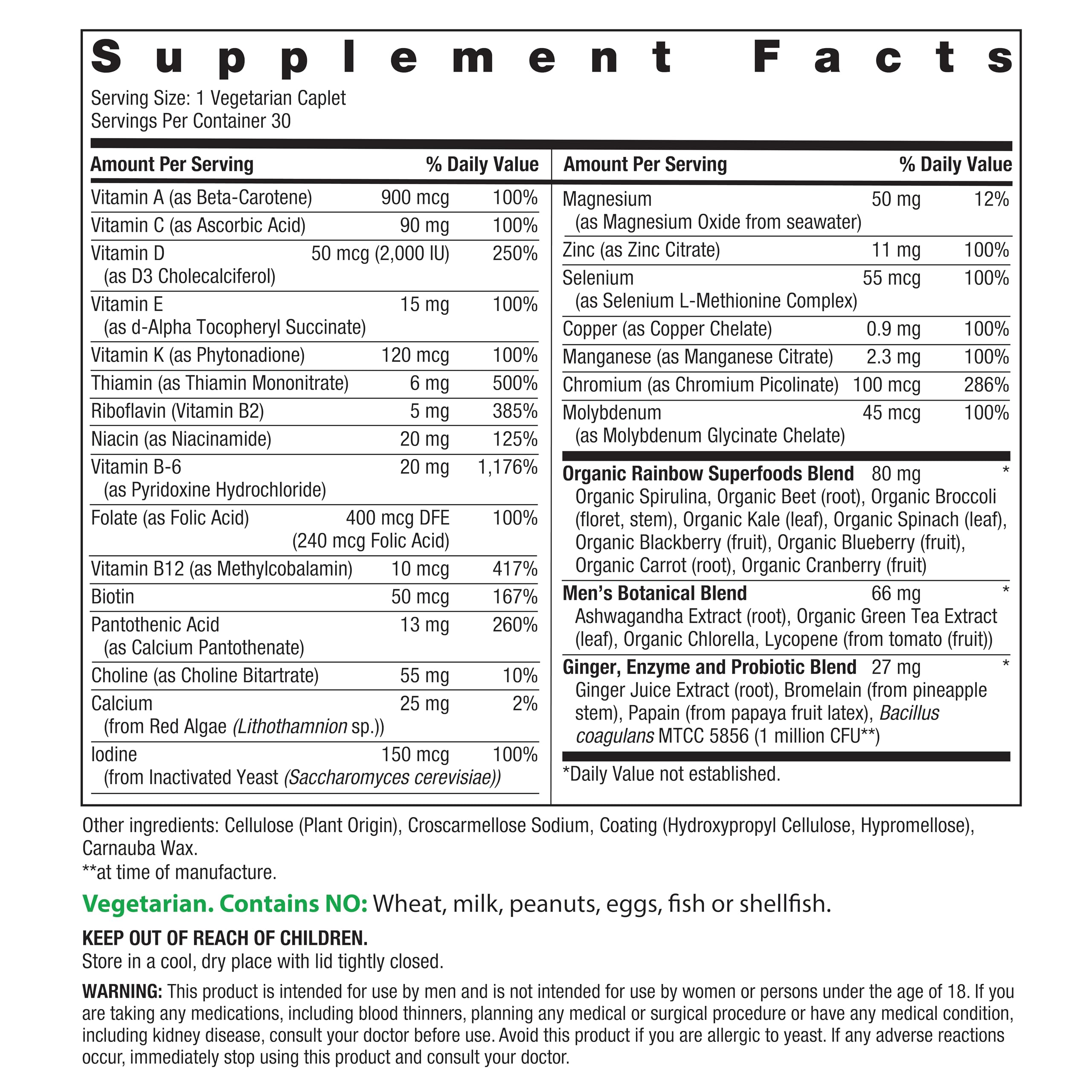 Rainbow Light Mens Multivitamin One+, cápsulas, complemento de nutrientes para energía diaria.