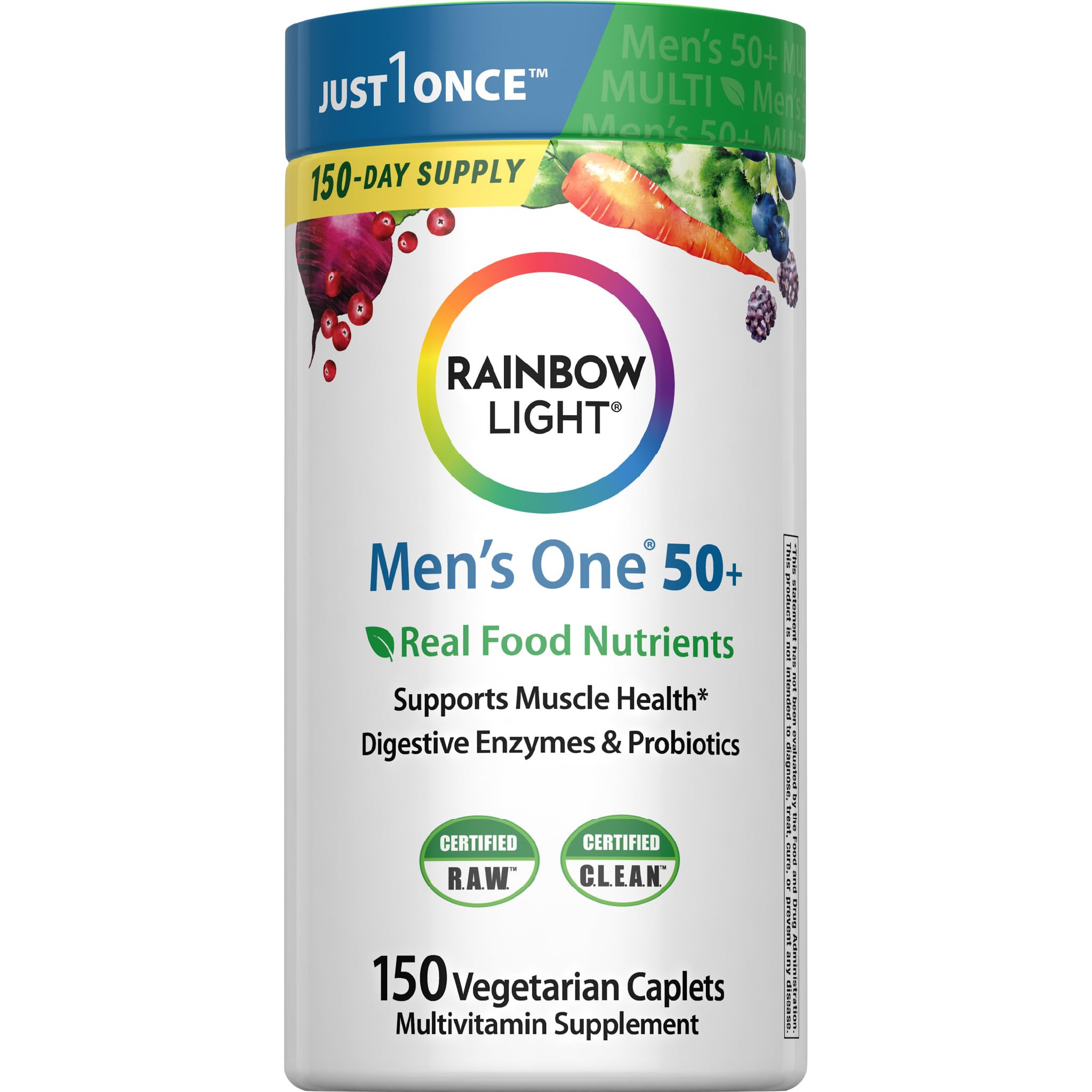 Rainbow Light Mens One 50+ frente a la botella, apoyo a la nutrición diaria.