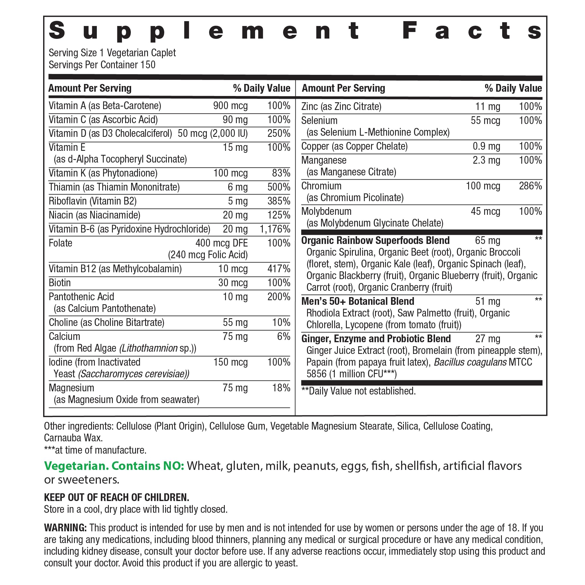 Rainbow Light Mens One 50+ etiqueta detalle, ingredientes y valores de vitaminas.