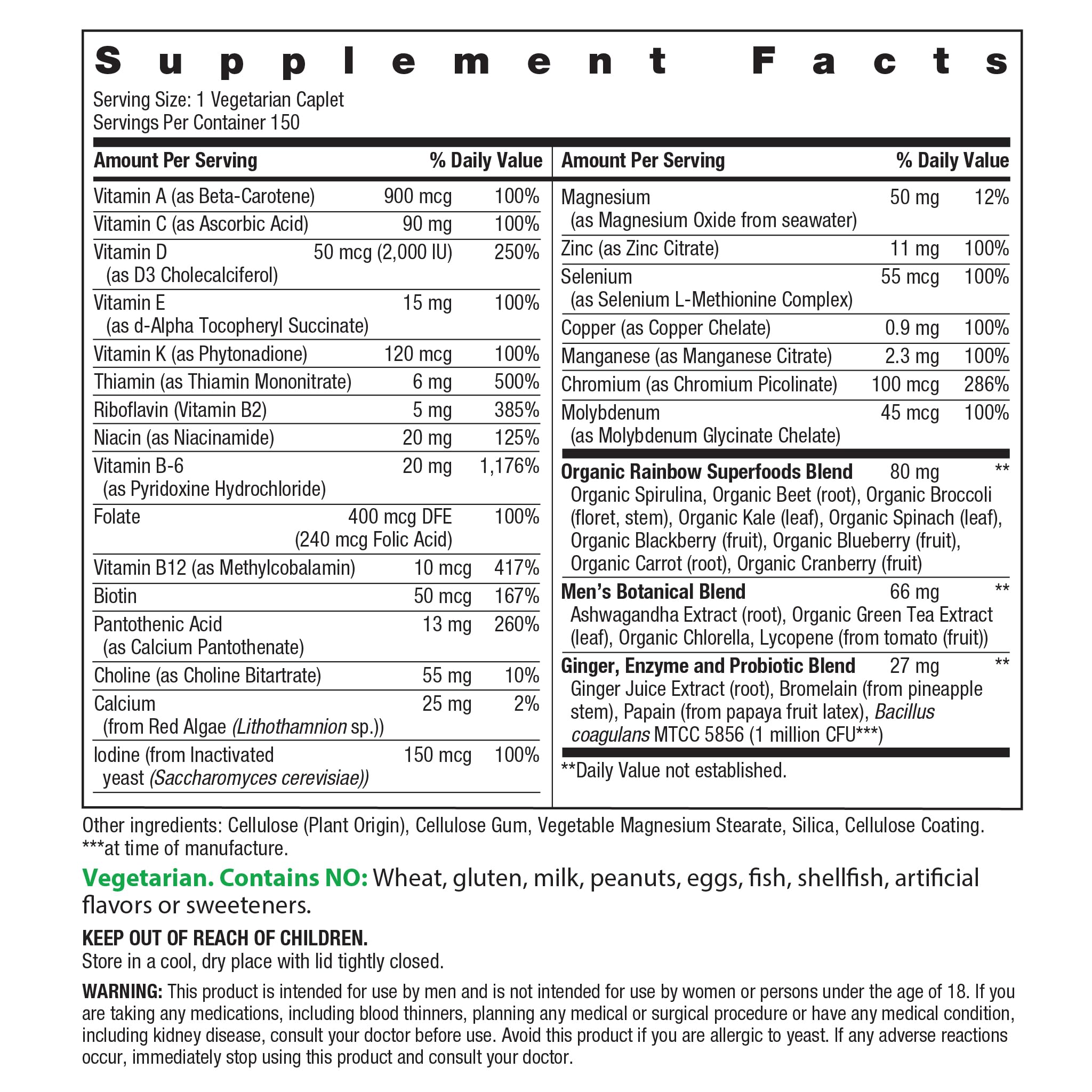 Rainbow Light Mens One+ etiqueta frontal con información de nutrientes.