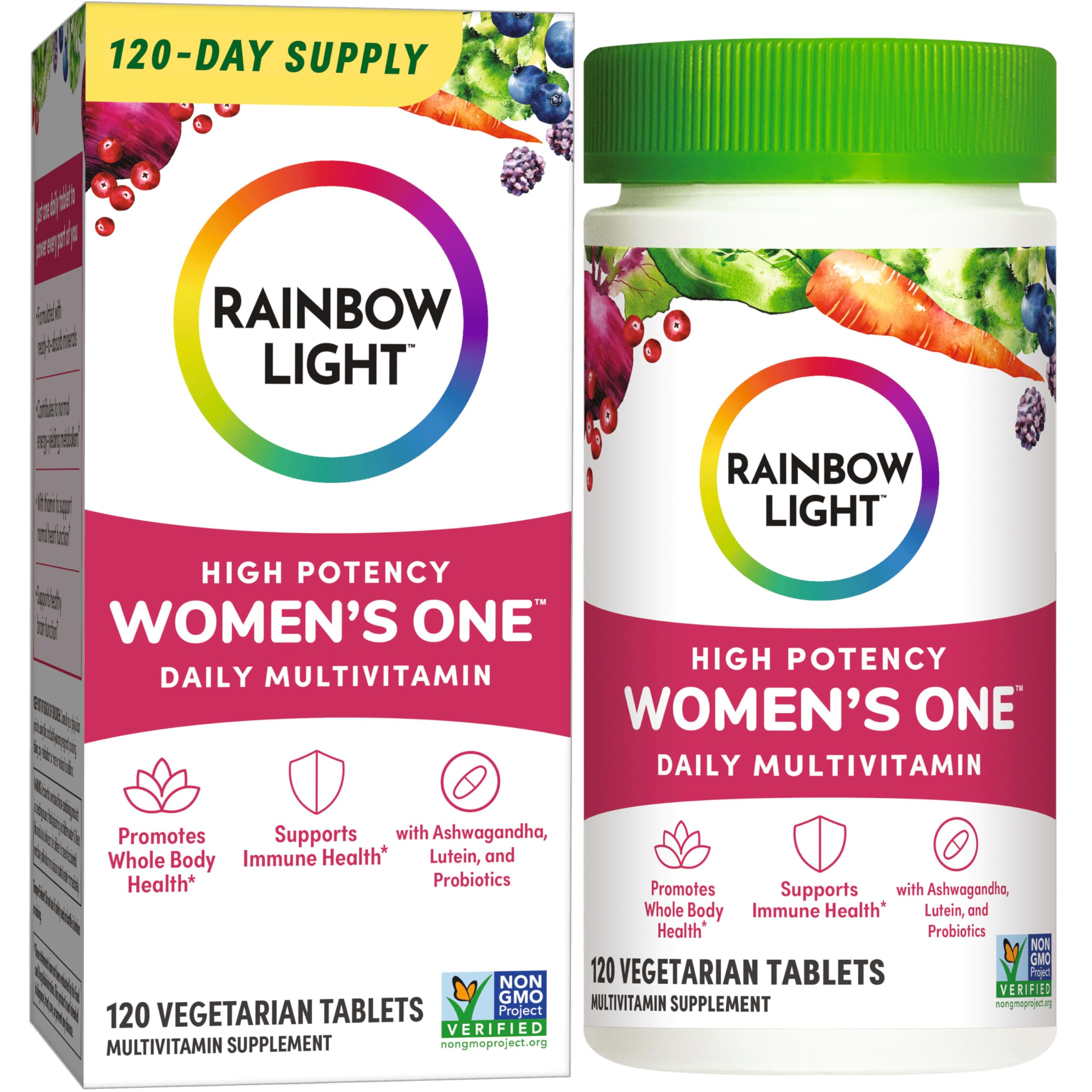 Rainbow Light Multivitamin Women’s One en polvo, botella frontal para uso diario.